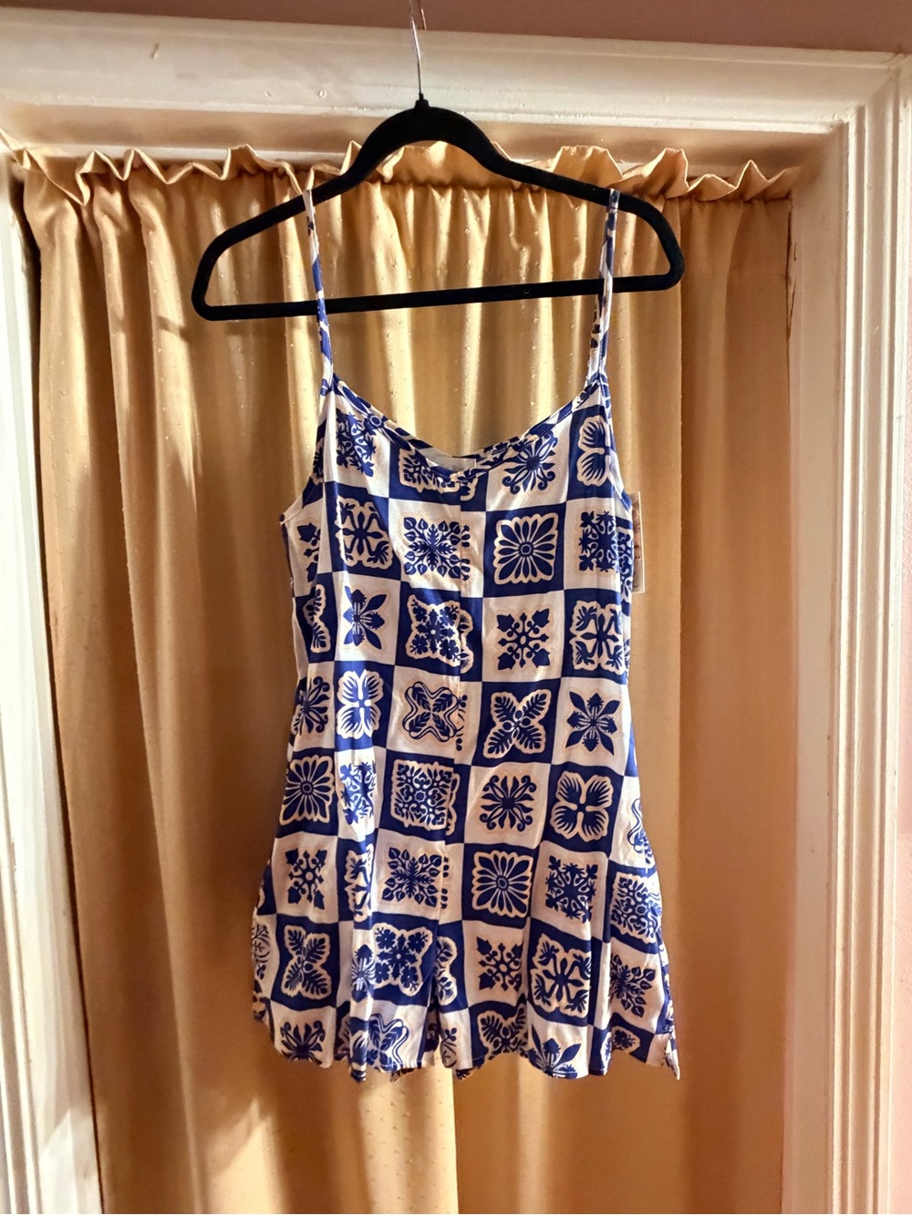 Blue and White Tile-Print Spaghetti-Strap Romper